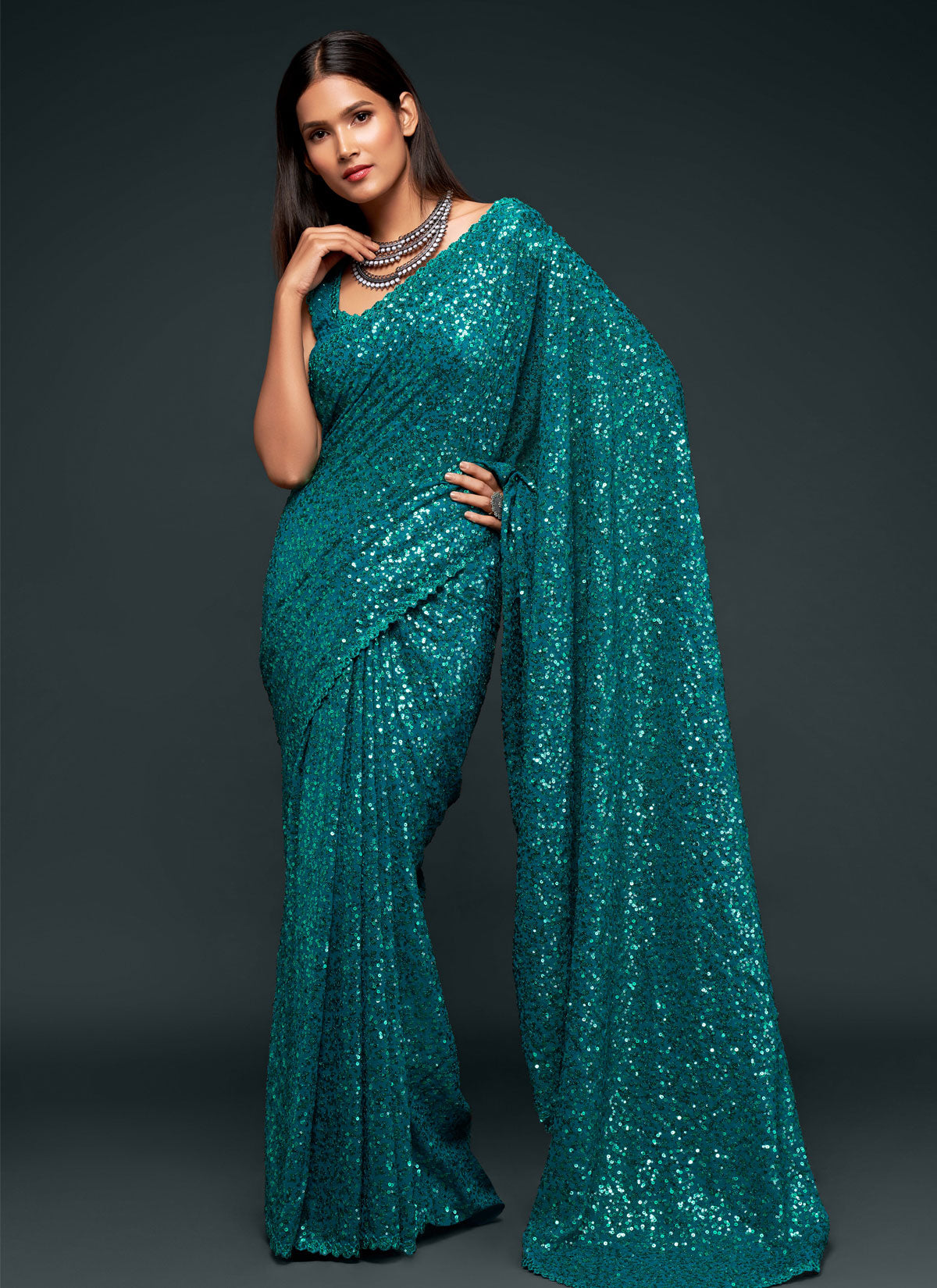 Georgette Trendy Saree With Sequins Work For Party In Teal
