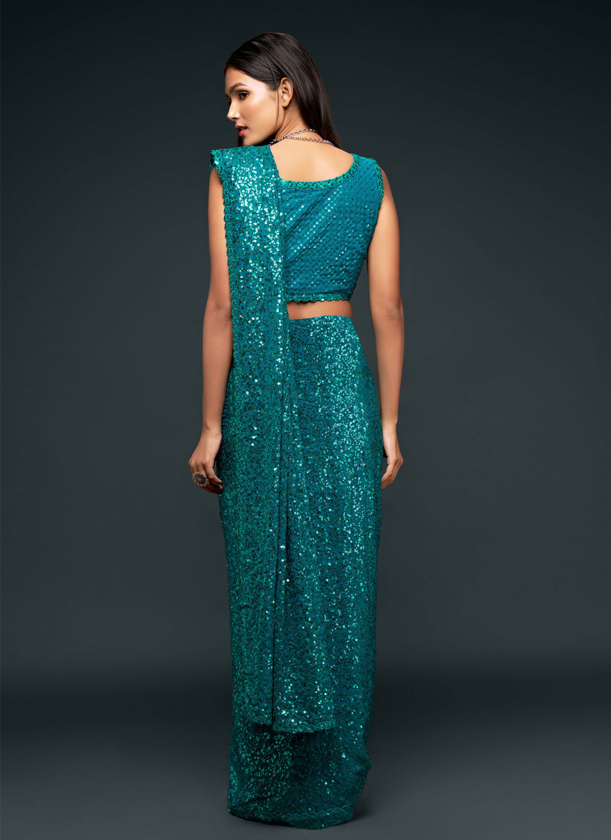Georgette Trendy Saree With Sequins Work For Party In Teal