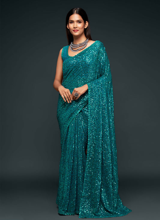 Georgette Trendy Saree With Sequins Work For Party In Teal