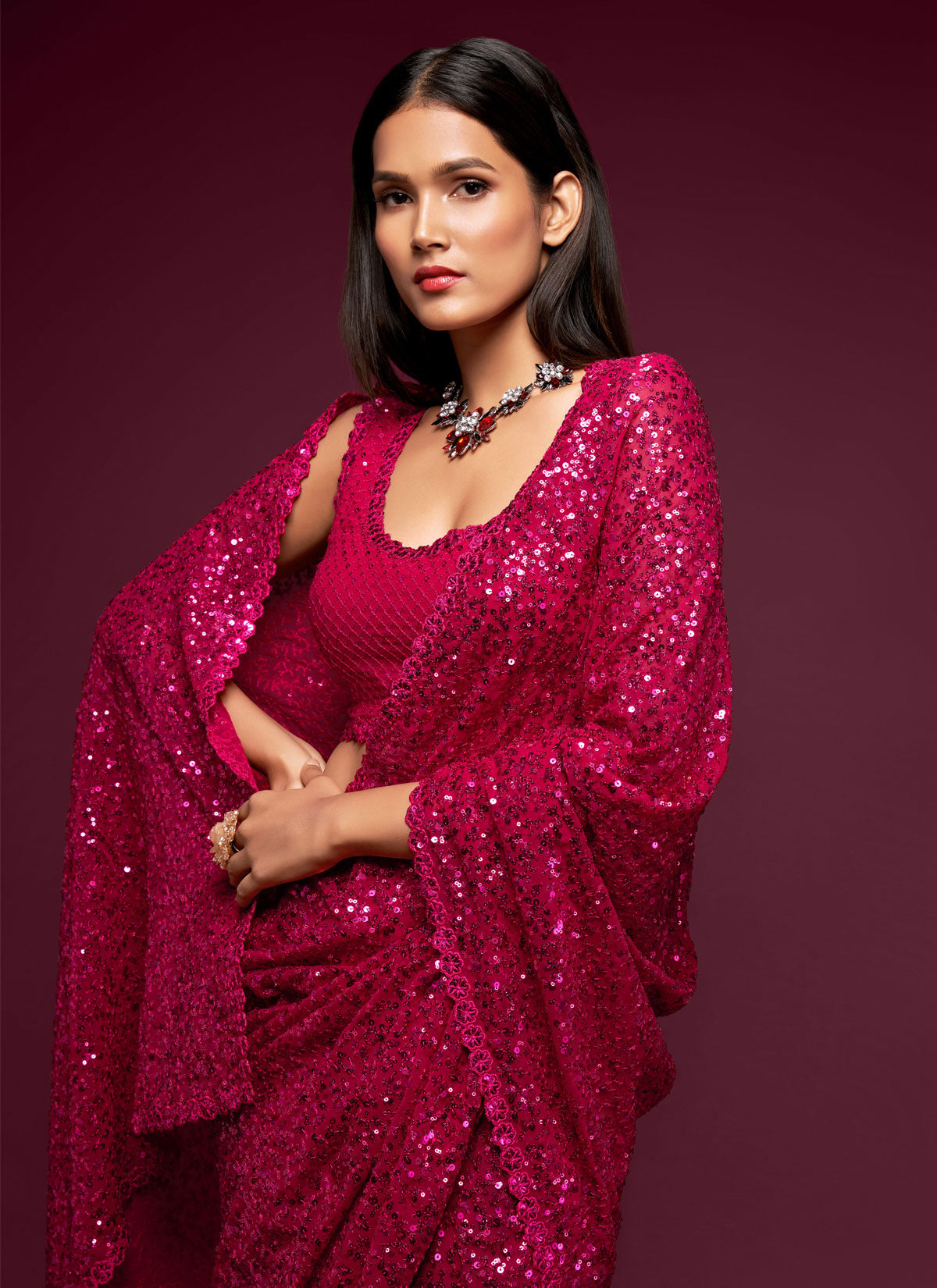 Georgette Traditional Saree In Rose Pink With Sequins Work For Women