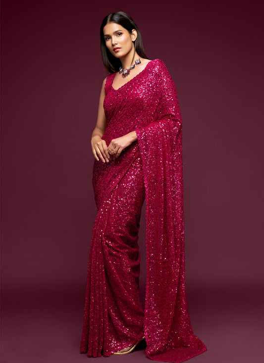 Georgette Traditional Saree In Rose Pink With Sequins Work For Women