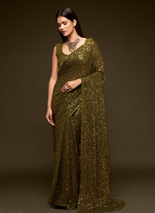 Georgette Classic Saree In Olive With Sequins Work For Festival