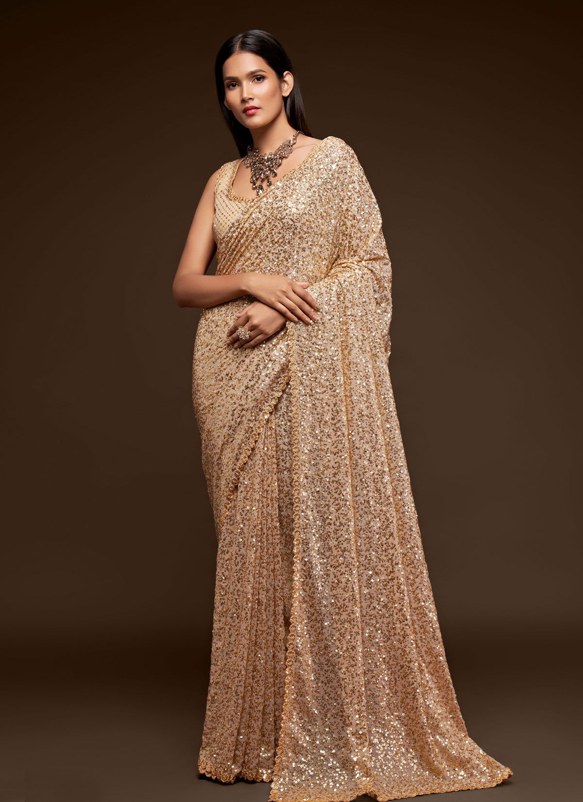 Georgette Trendy Saree With Sequins Work For Women In Beige
