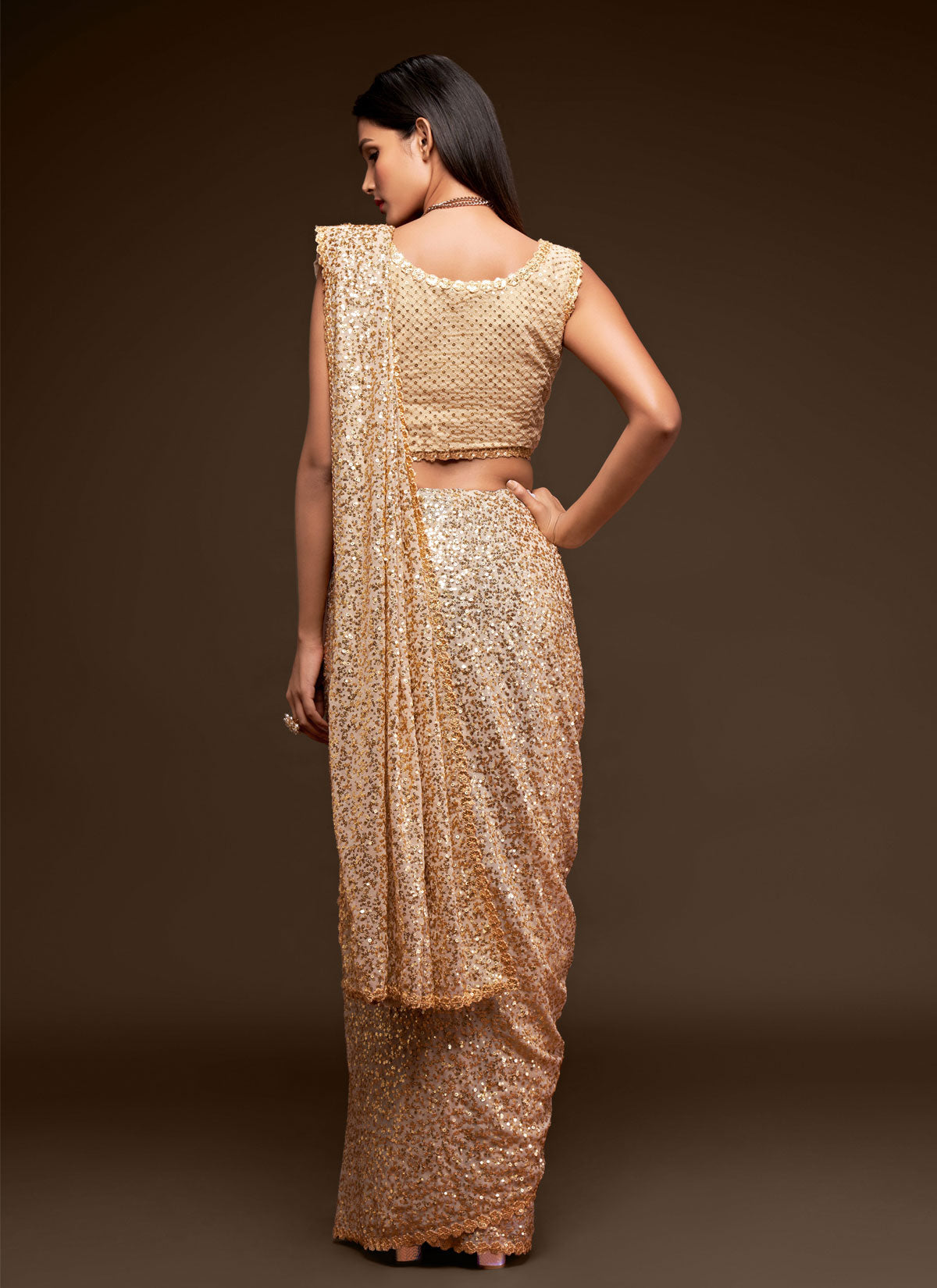 Georgette Trendy Saree With Sequins Work For Women In Beige