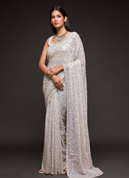 Georgette Traditional Saree In White With Sequins Work For Women