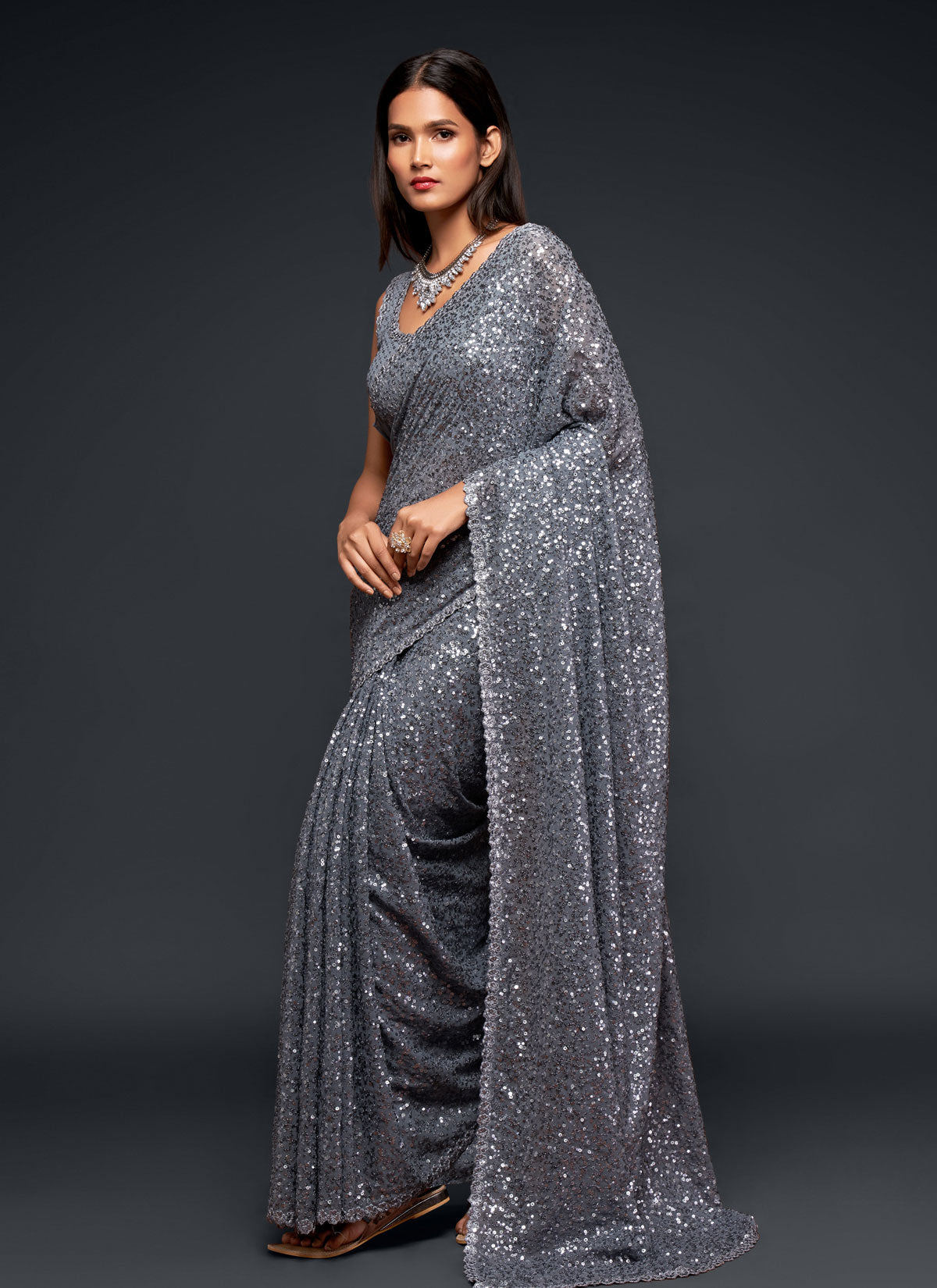 Georgette Traditional Saree With Sequins Work For Party In Grey