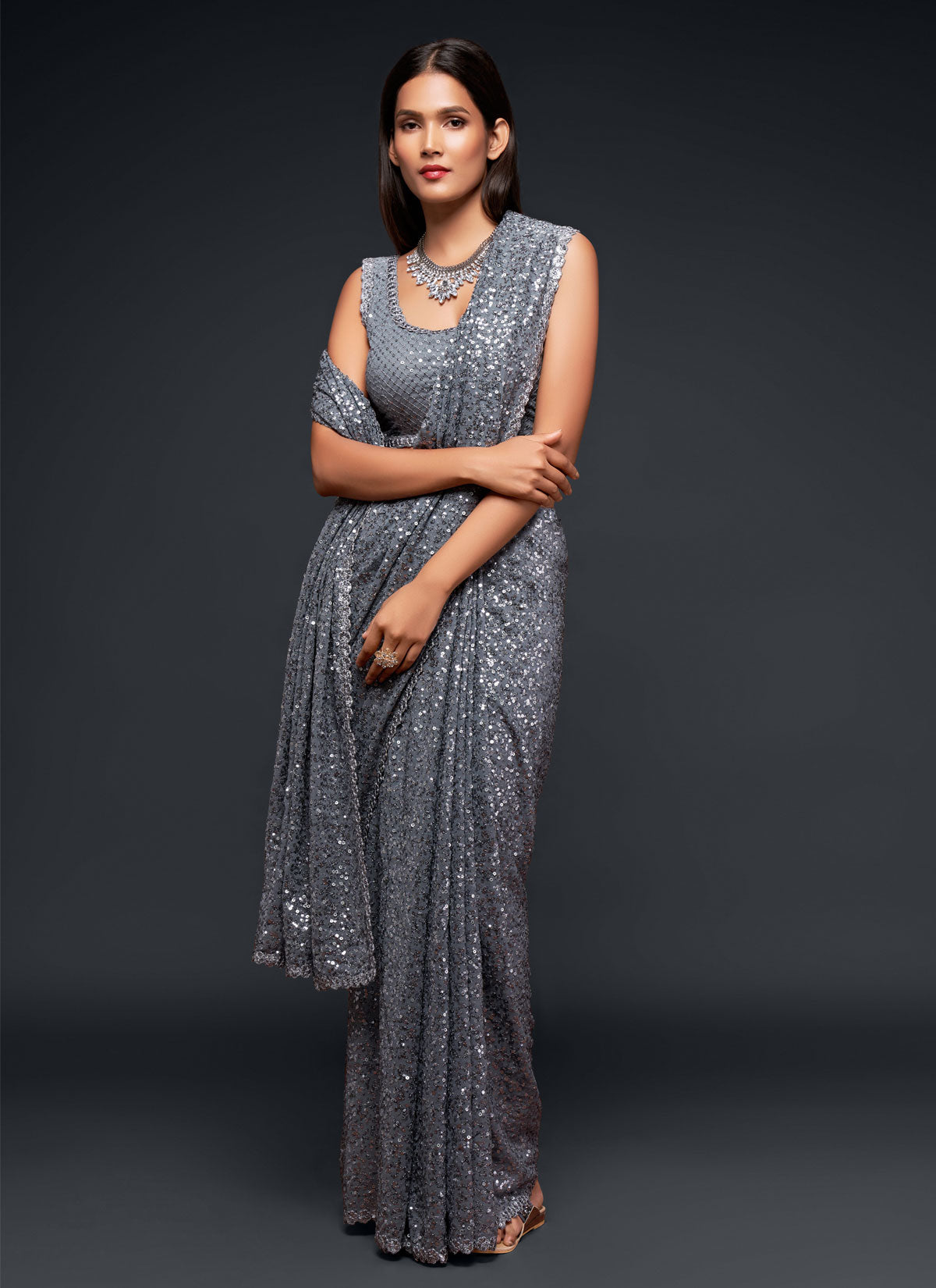 Georgette Traditional Saree With Sequins Work For Party In Grey