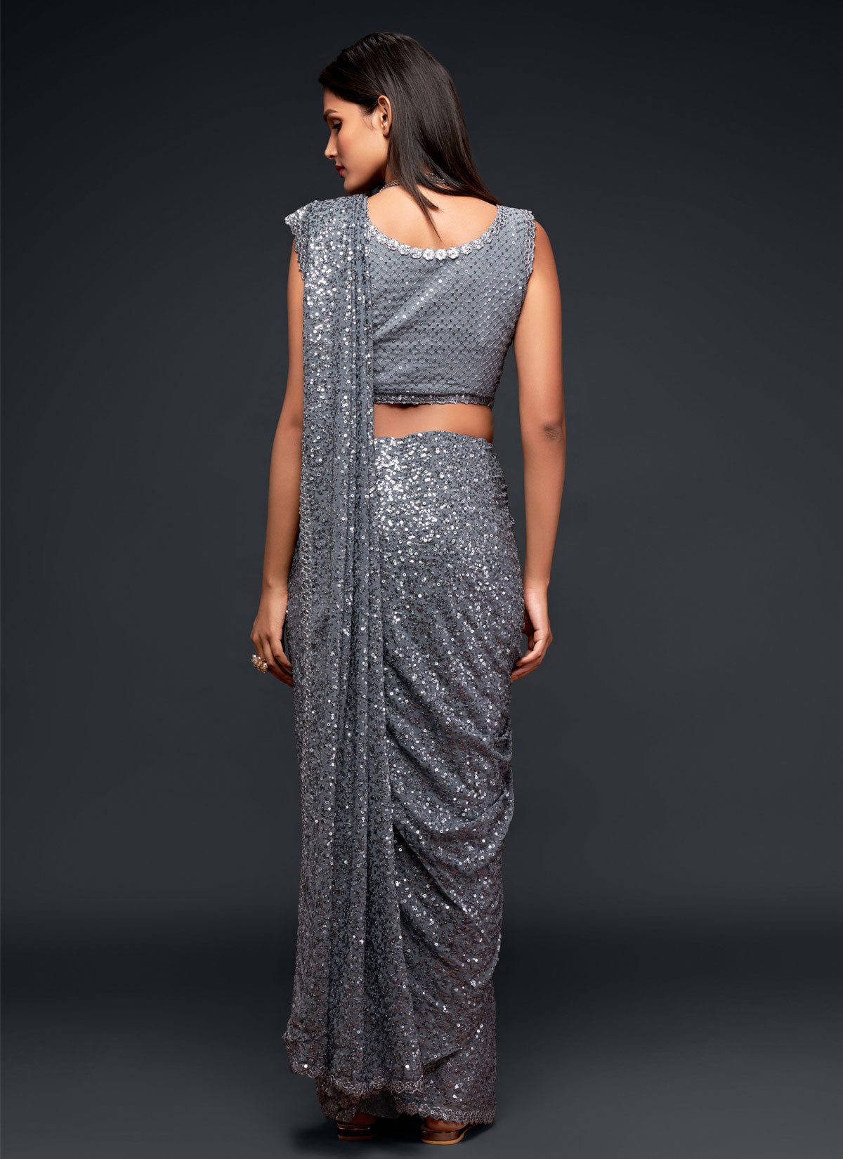 Georgette Traditional Saree With Sequins Work For Party In Grey