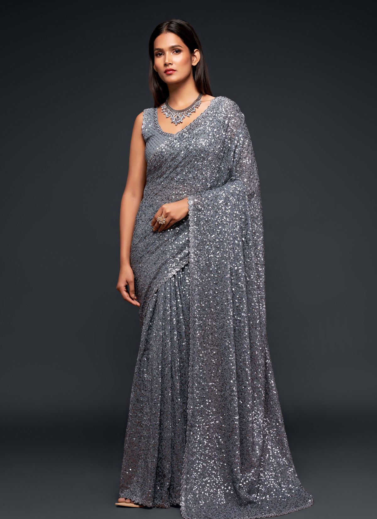 Georgette Traditional Saree With Sequins Work For Party In Grey