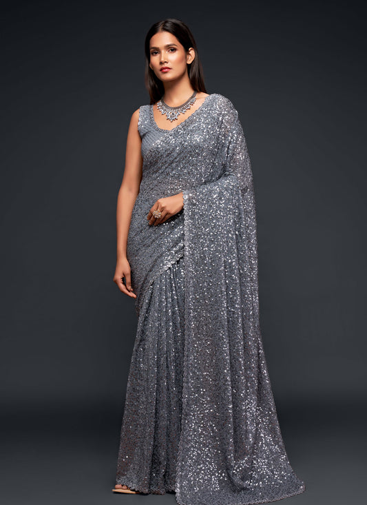 Georgette Traditional Saree With Sequins Work For Party In Grey