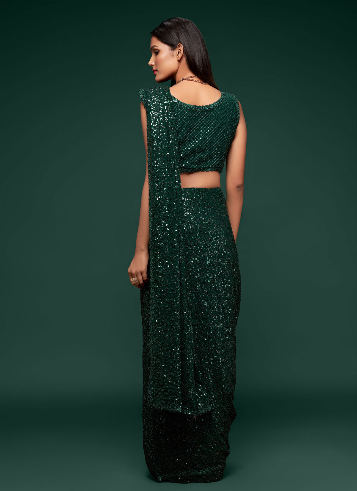 Sequins Work Traditional Saree For Festival In Bottle Green