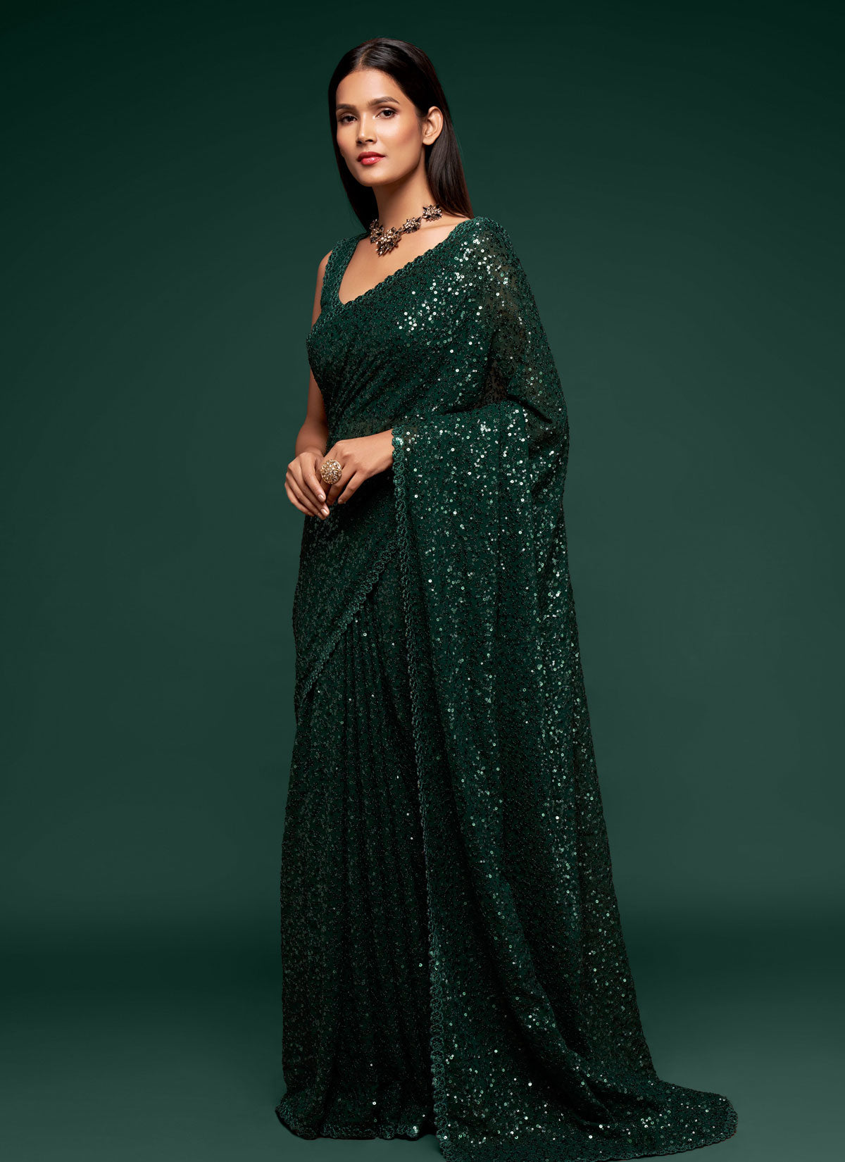Sequins Work Traditional Saree For Festival In Bottle Green