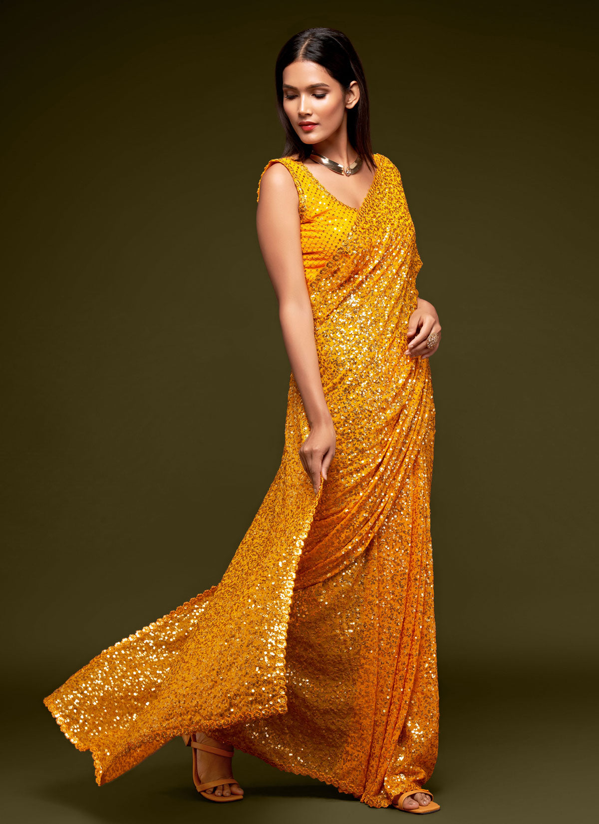 Georgette Classic Saree With Sequins Work For Party In Mustard