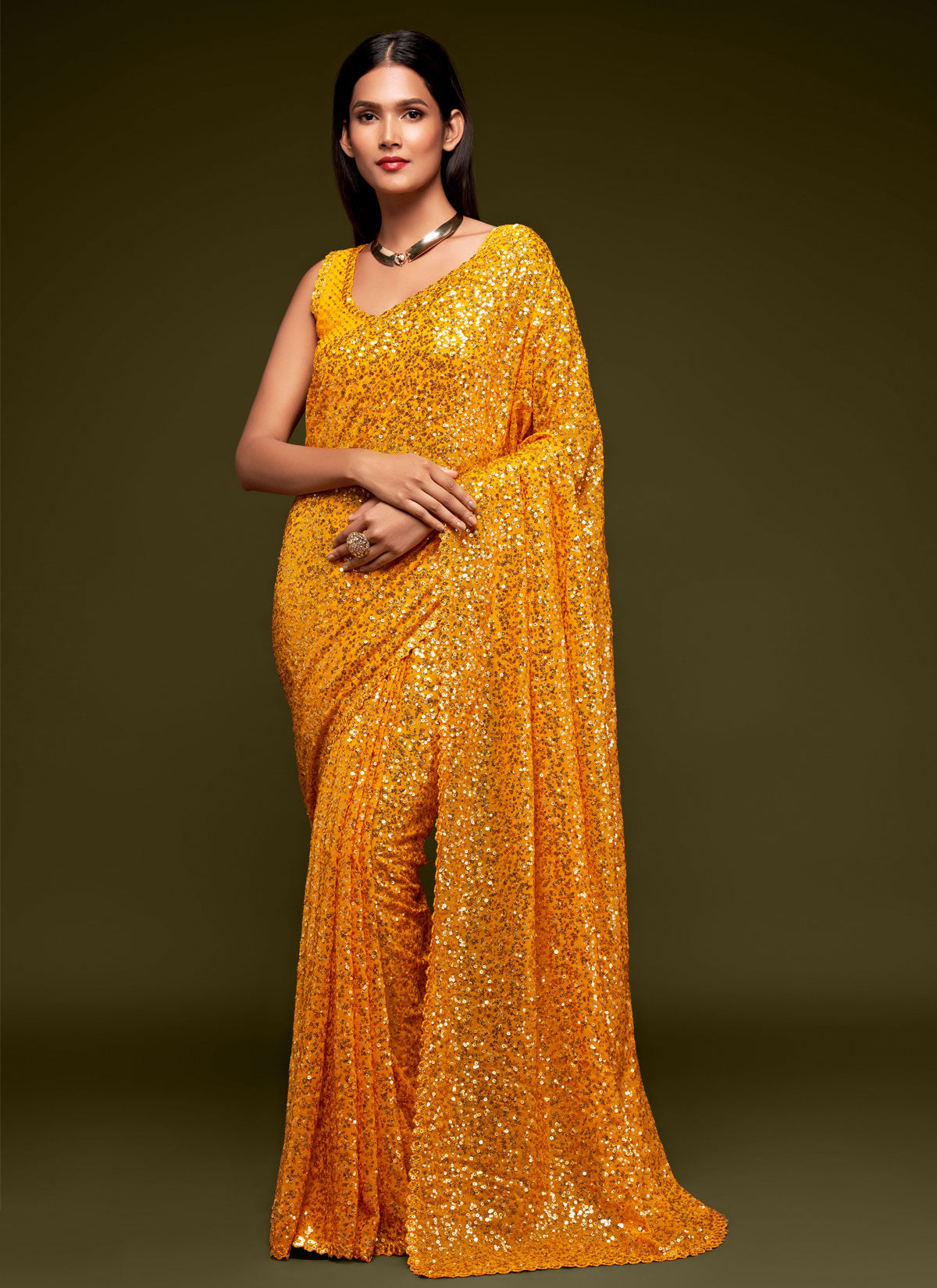 Georgette Classic Saree With Sequins Work For Party In Mustard