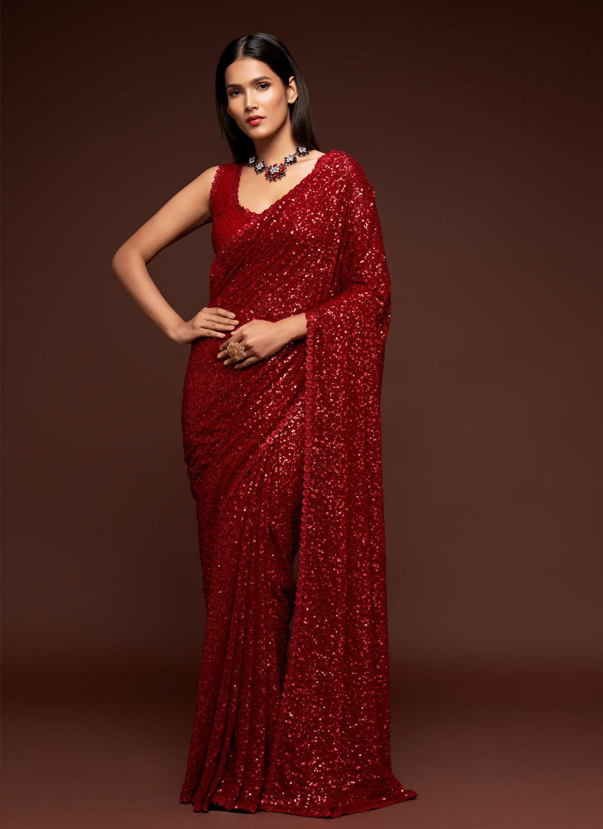 Georgette Classic Saree With Sequins Work For Women In Red