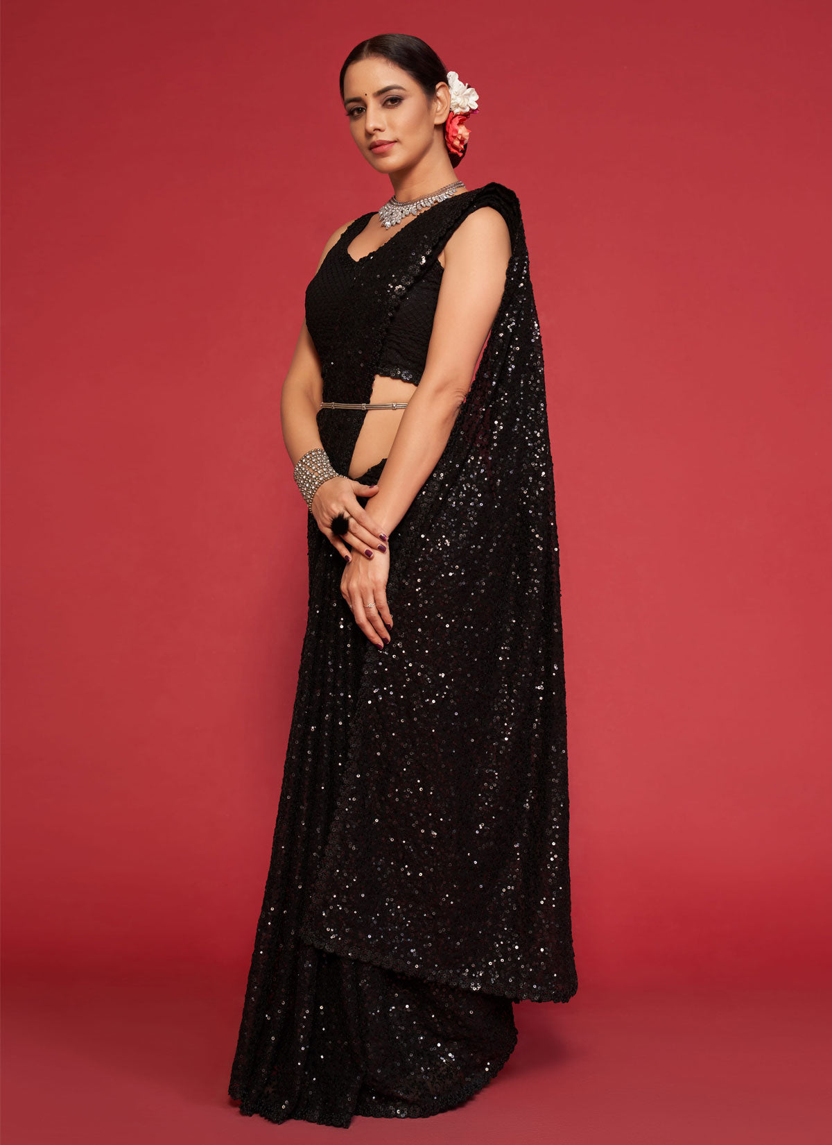 Black Georgette Sequins Work Classic Saree For Women