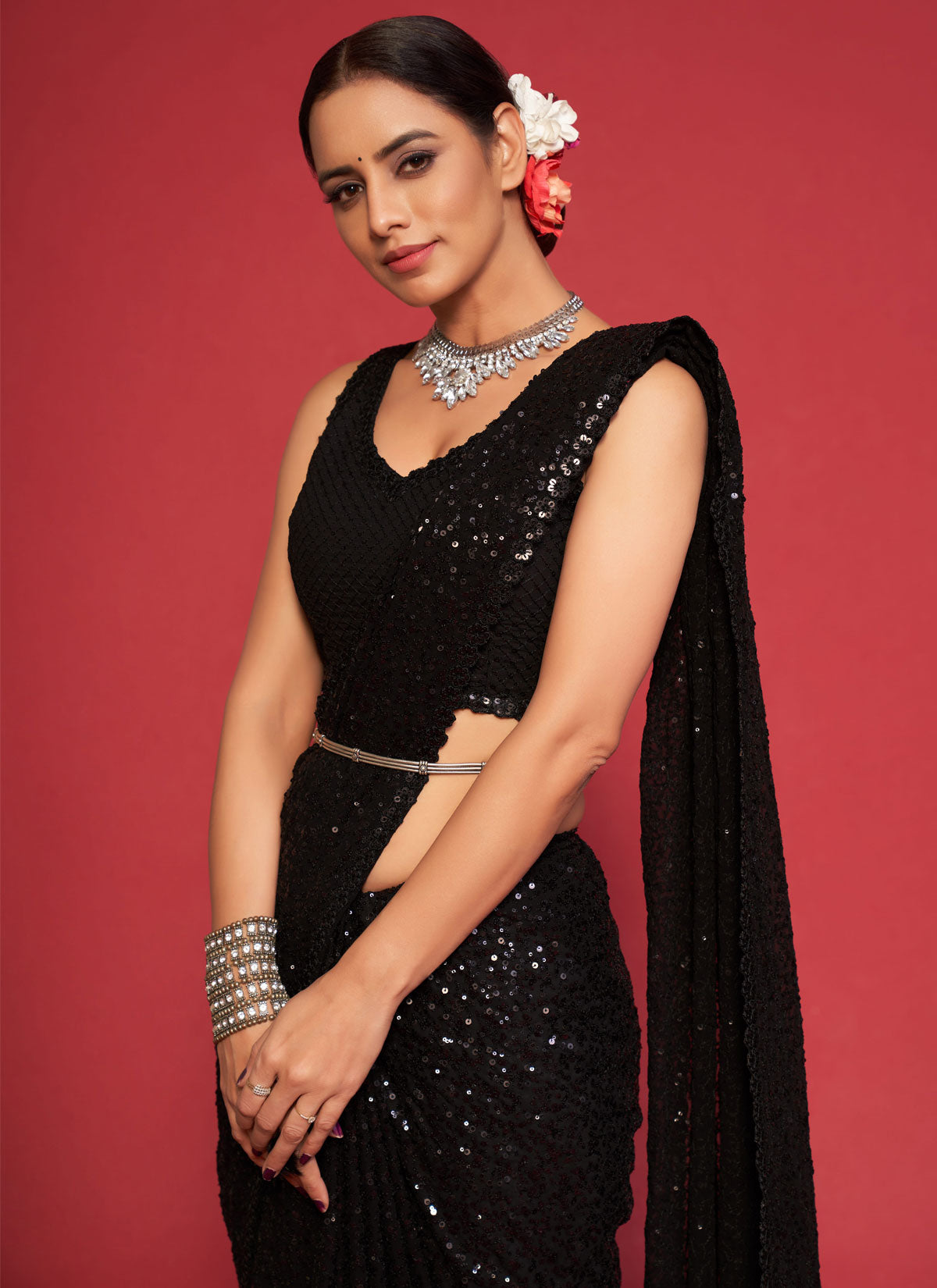 Black Georgette Sequins Work Classic Saree For Women