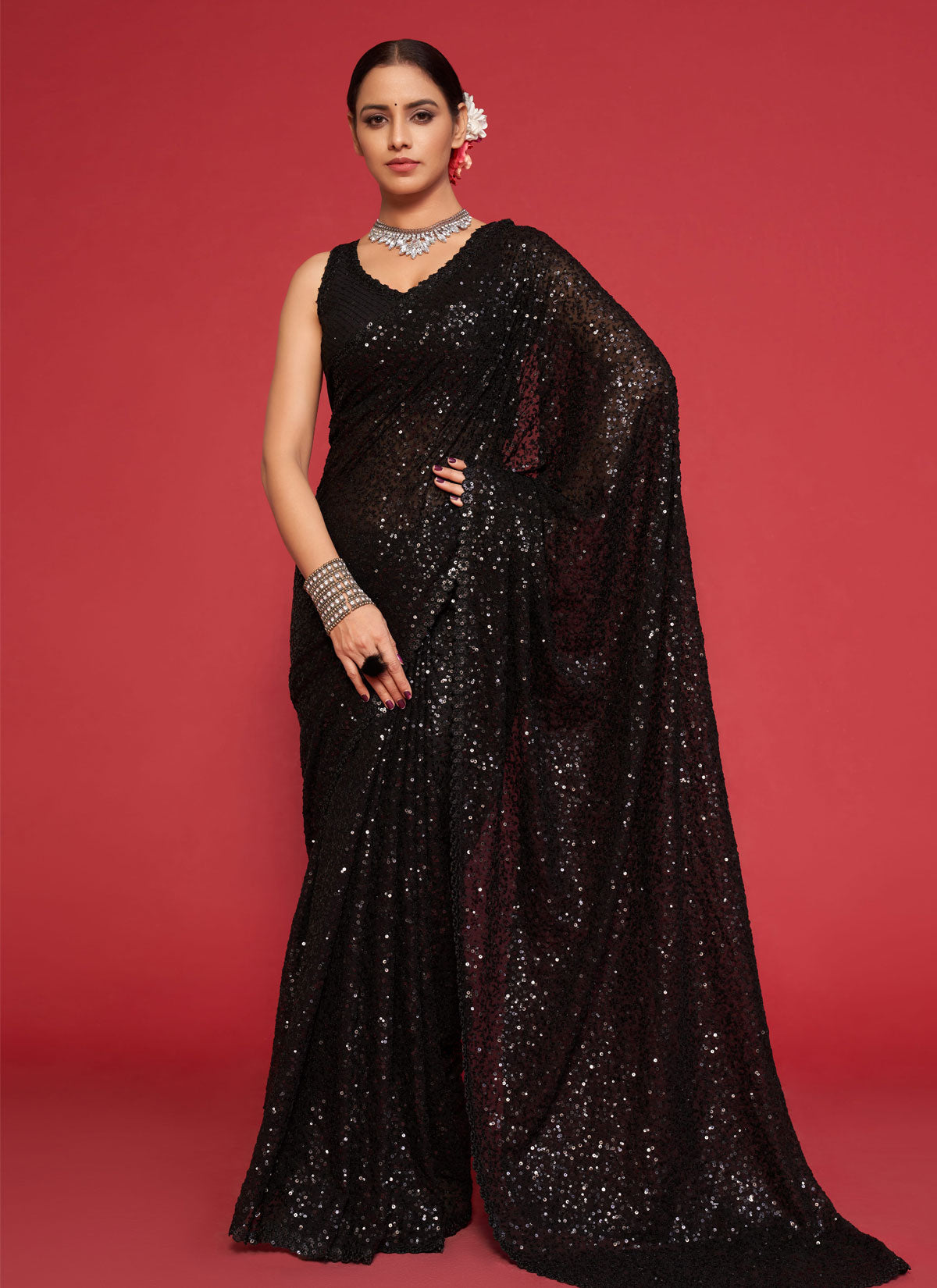 Black Georgette Sequins Work Classic Saree For Women