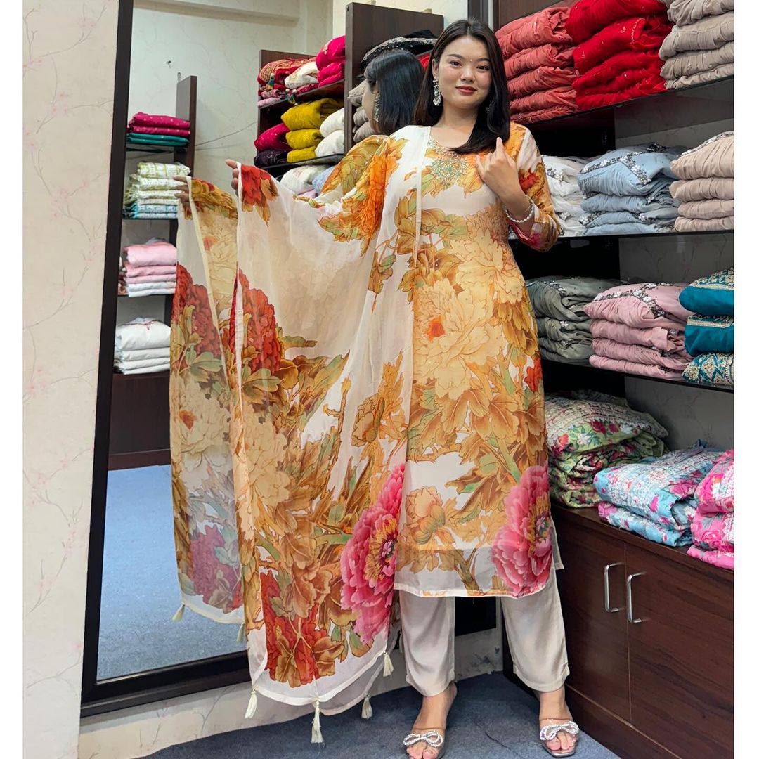 Women's designer flower print kurta pant with dupatta sets