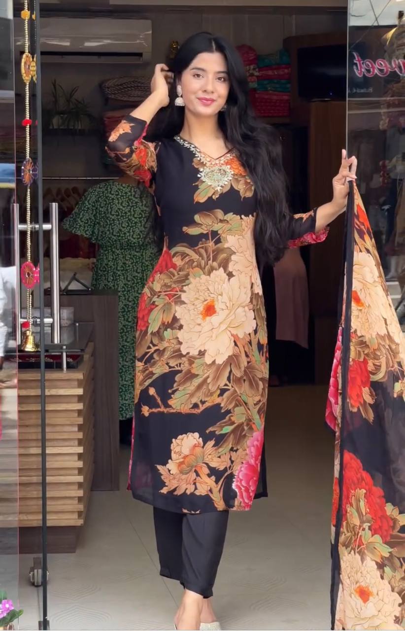 Women's designer flower print kurta pant with dupatta sets