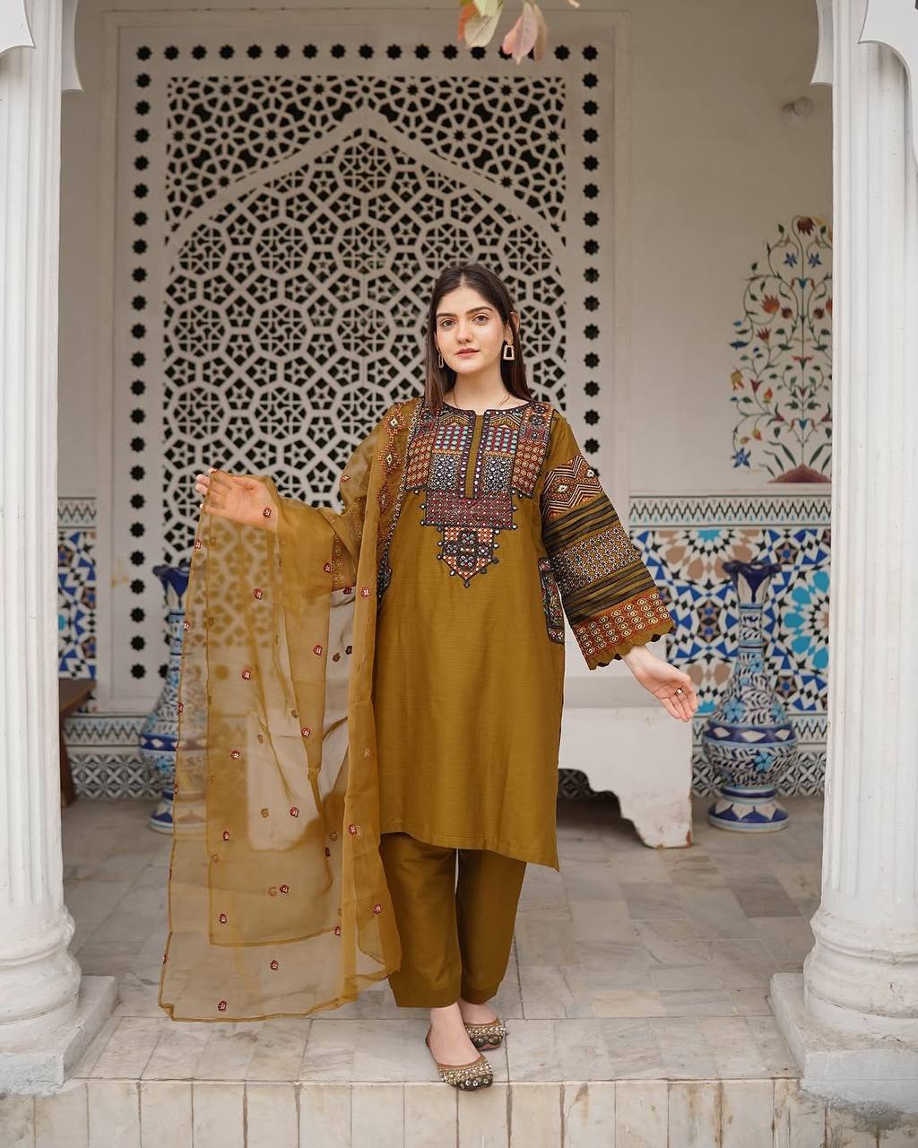 Roman silk foil paper work kurta set with organza dupatta