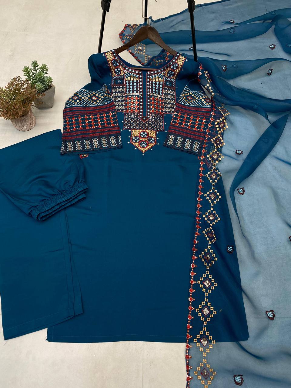 Roman silk foil paper work kurta set with organza dupatta