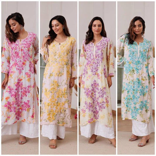 Thread and hand embroidered rayon kurta with palazzo sets