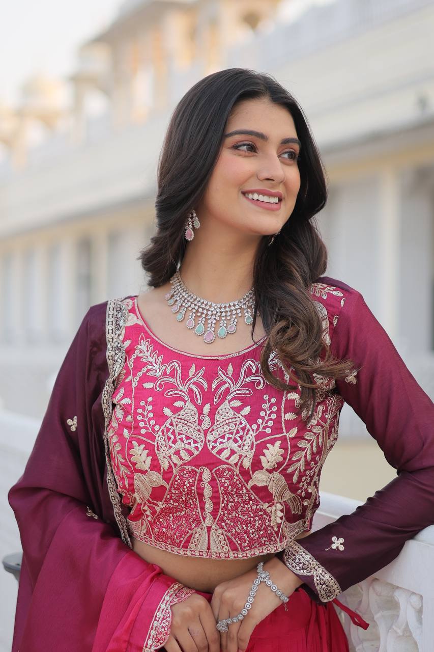 Women's designer Chinnon silk handwork choli lehenga with dupatta sets