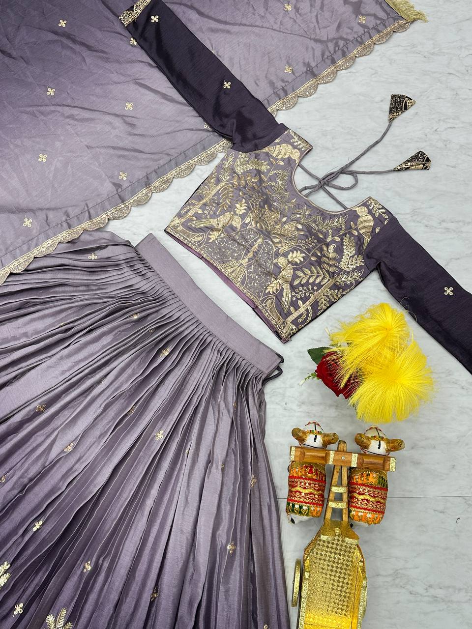 Women's designer Chinnon silk handwork choli lehenga with dupatta sets