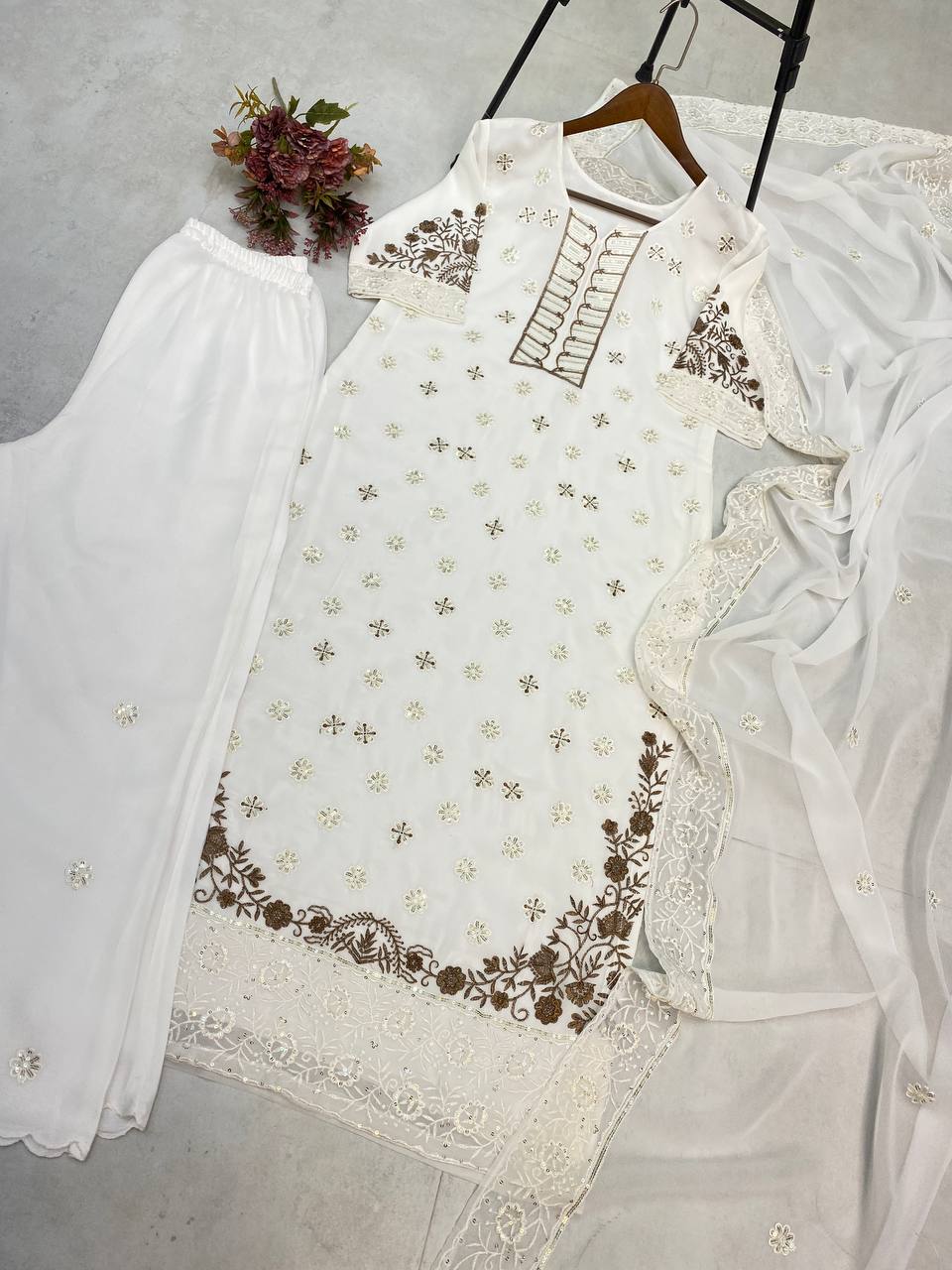 White kurta pant with dupatta sets,Elegant Ready to Wear Outfit Set