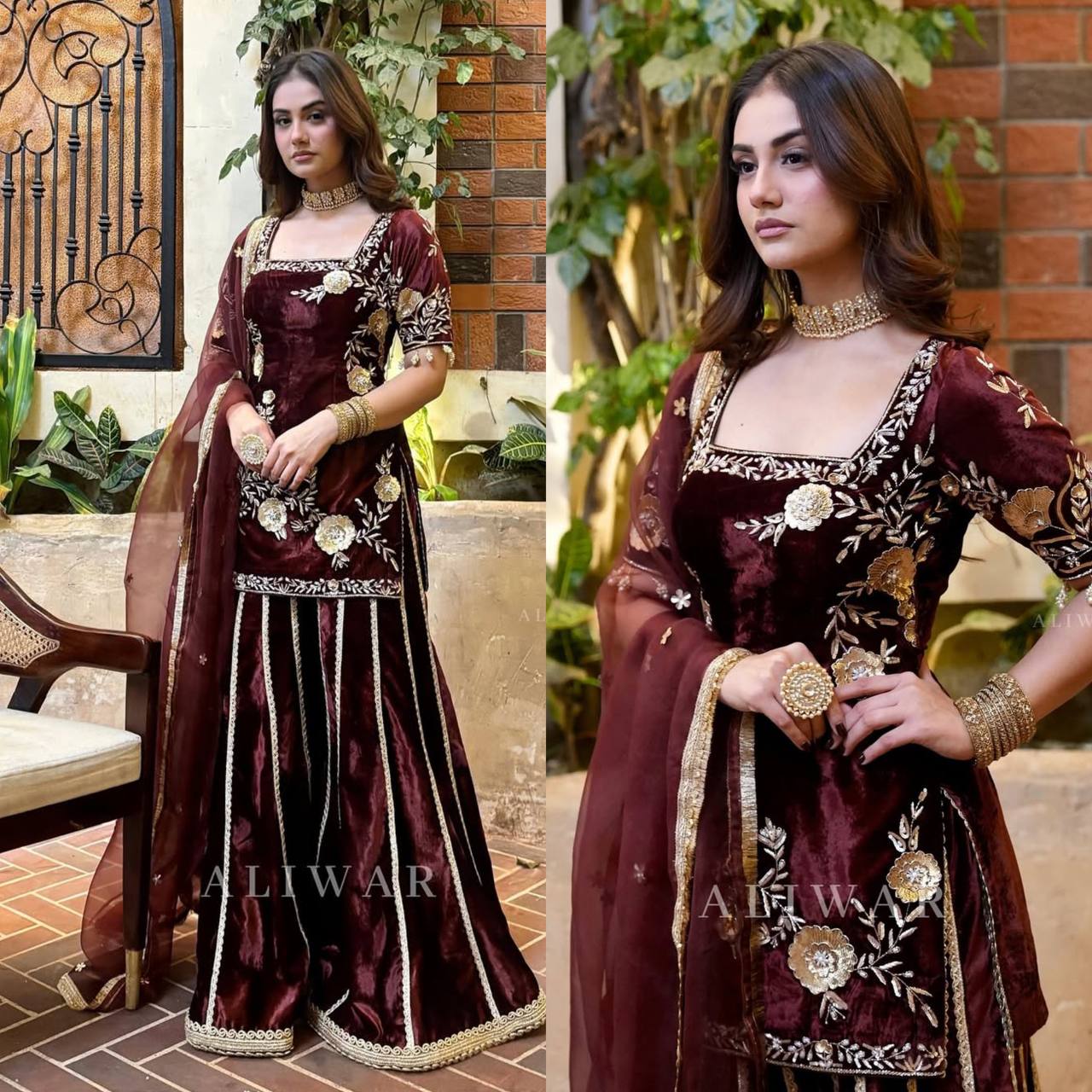 Viscose velvet hand embroidered kurta sharara with dupatta sets