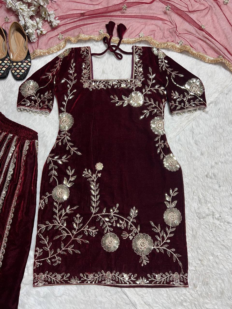 Viscose velvet hand embroidered kurta sharara with dupatta sets