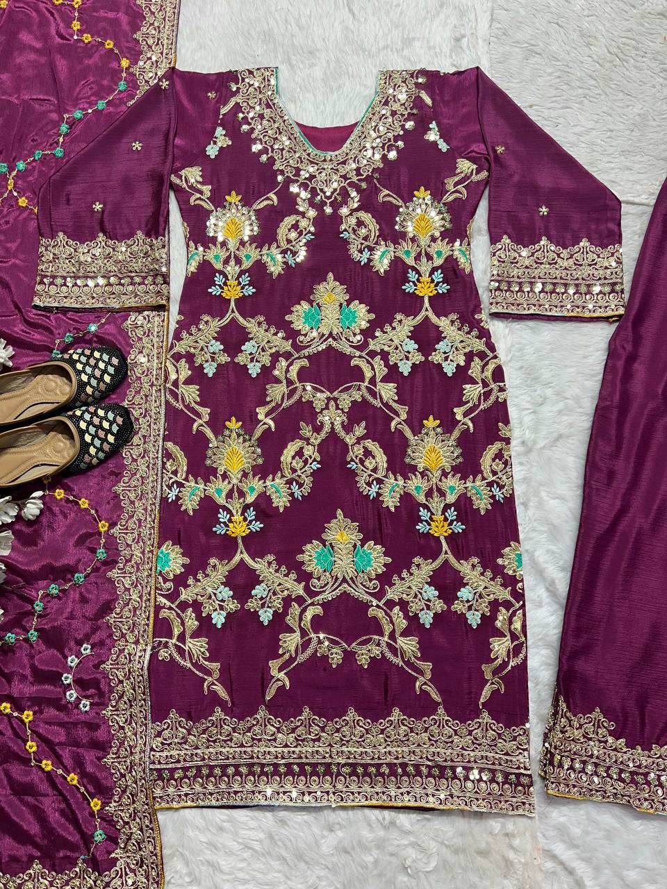 Wedding wear chinnon silk kurta palazzo sets