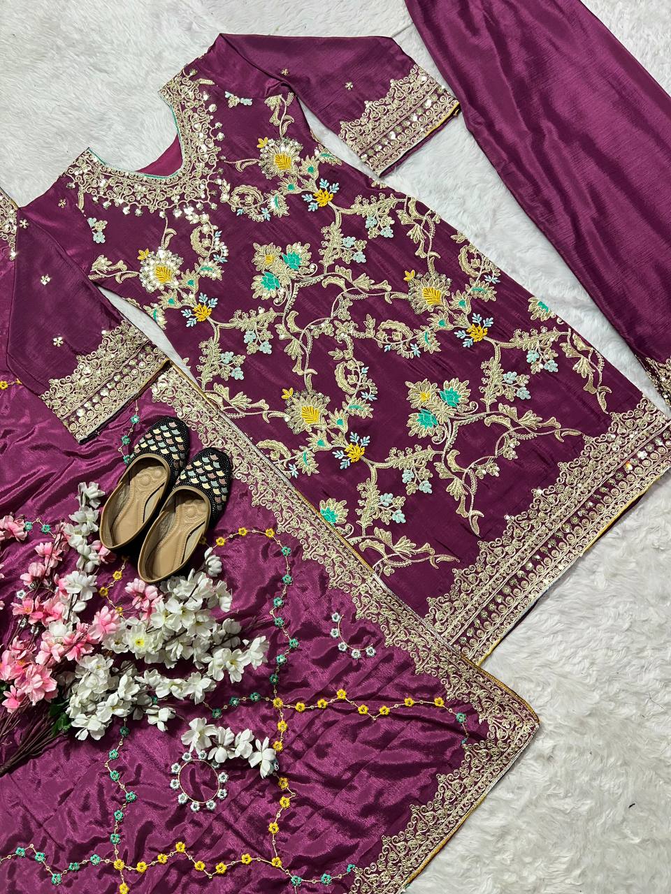 Wedding wear chinnon silk kurta palazzo sets