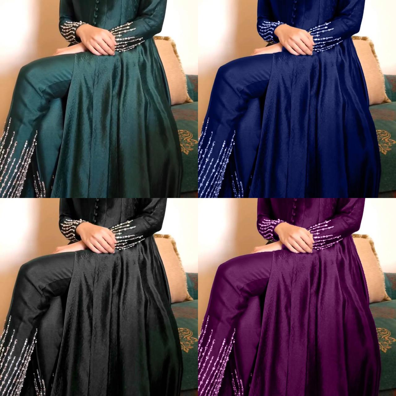 Thread work front cut silk fabric kurta pent sets