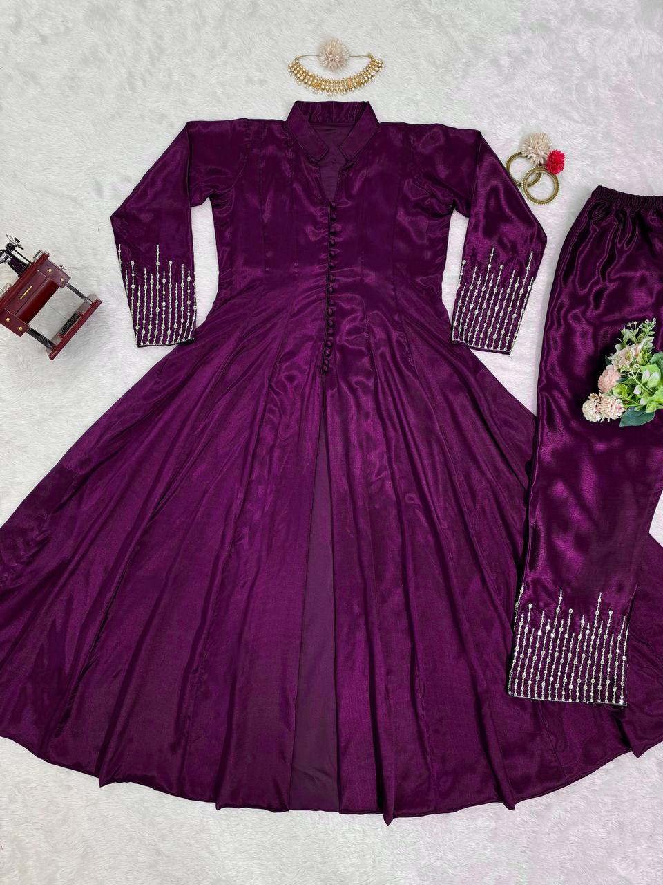 Thread work front cut silk fabric kurta pent sets