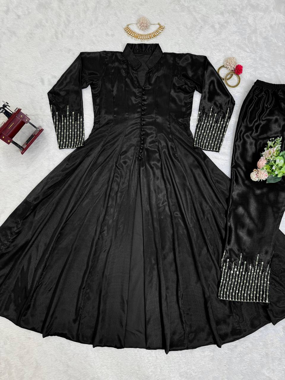 Thread work front cut silk fabric kurta pent sets