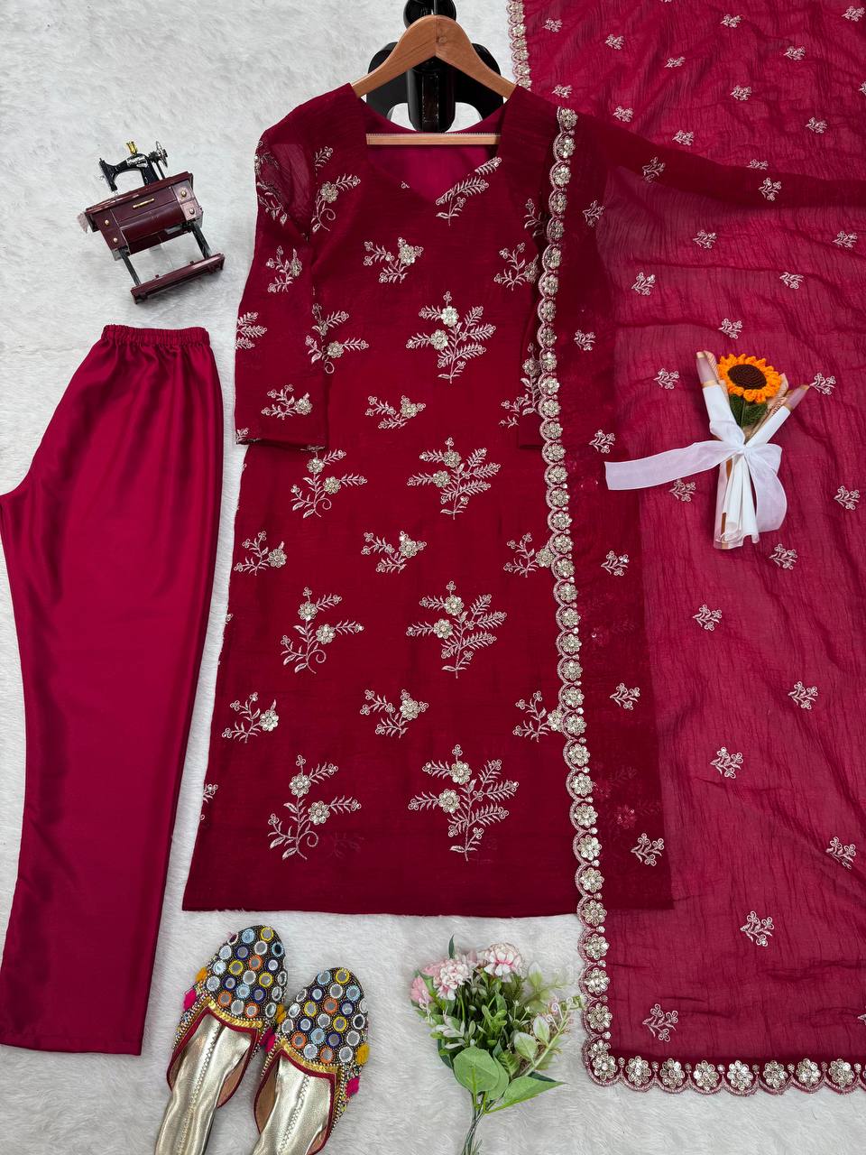 Women's designer  Crunchy Silk thread and handwork kurta sets