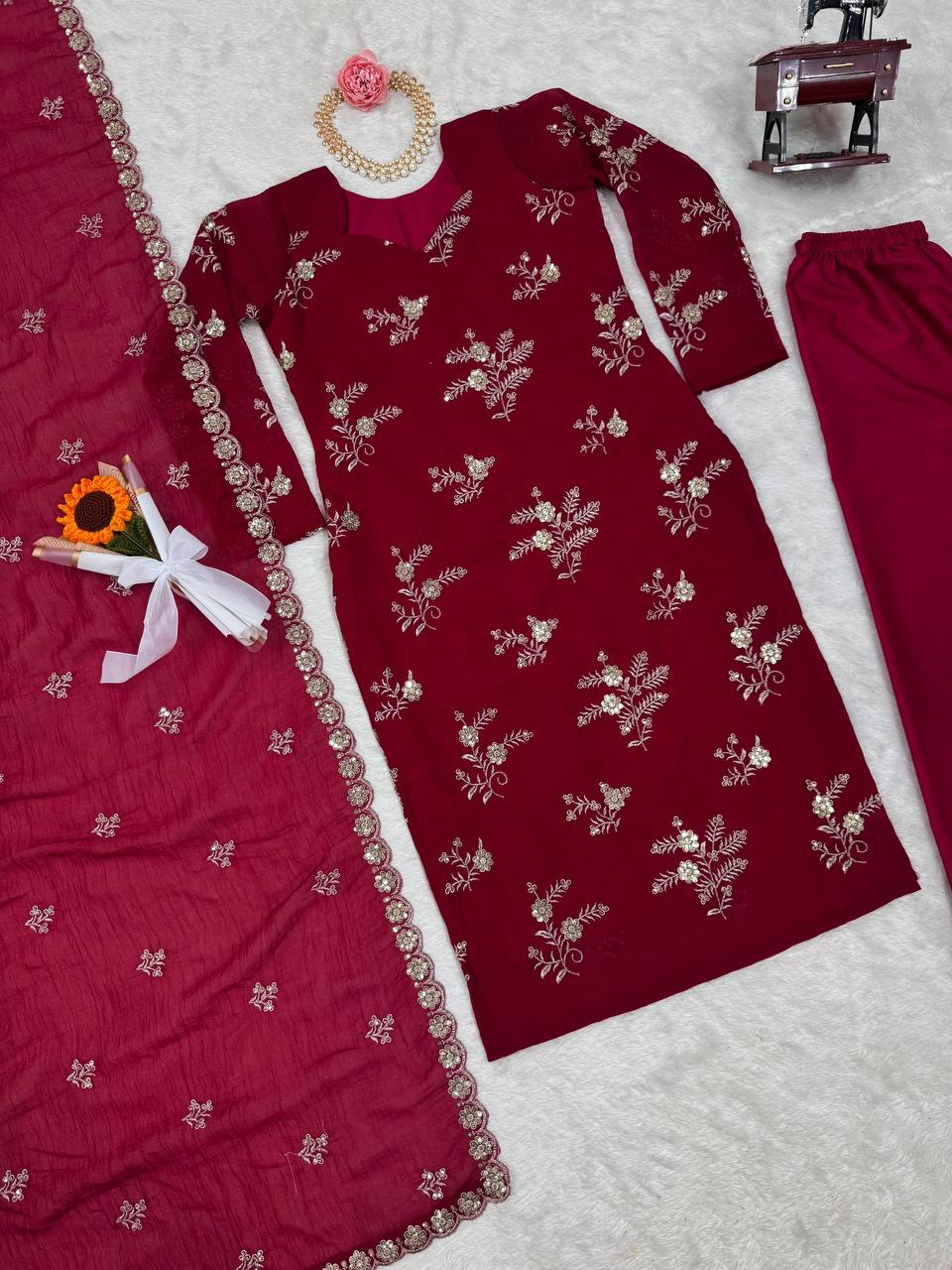 Women's designer  Crunchy Silk thread and handwork kurta sets