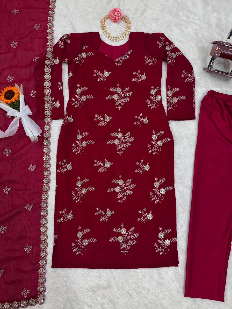 Women's designer  Crunchy Silk thread and handwork kurta sets