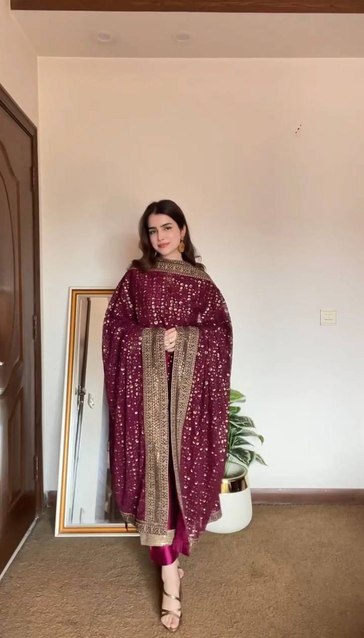 Solid Monsoon silk kurta pant with heavy thread work dupatta sets