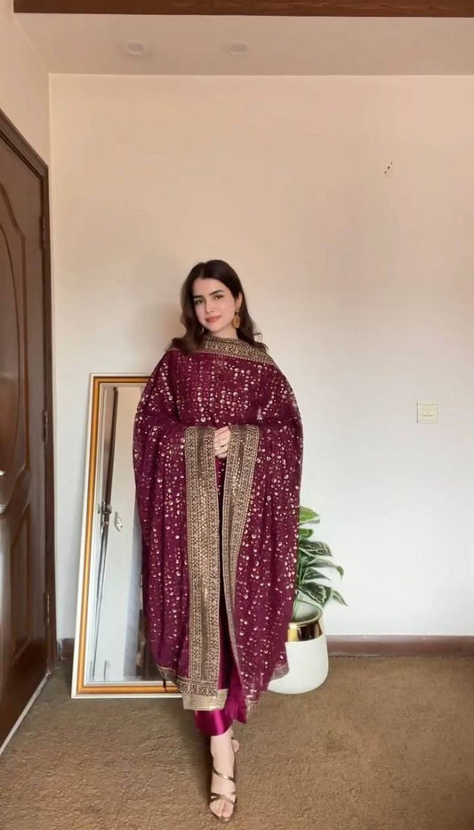 Solid Monsoon silk kurta pant with heavy thread work dupatta sets