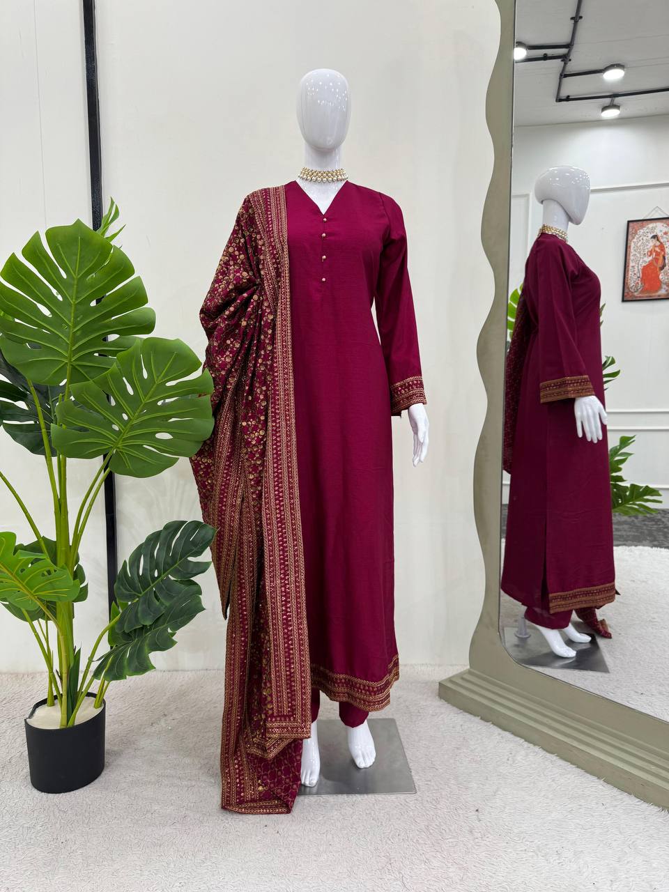 Solid Monsoon silk kurta pant with heavy thread work dupatta sets