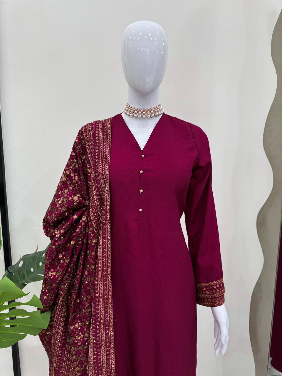 Solid Monsoon silk kurta pant with heavy thread work dupatta sets