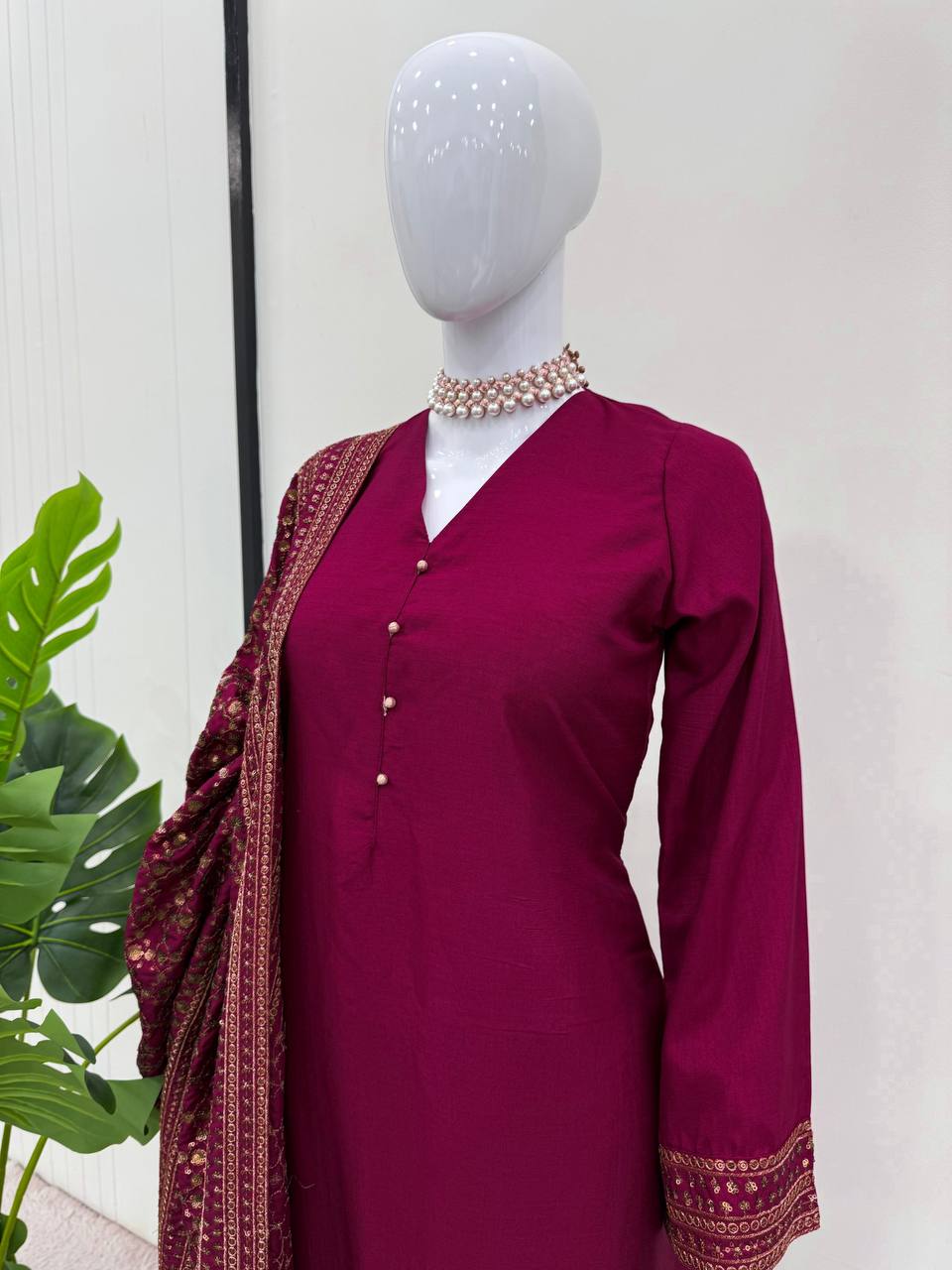Solid Monsoon silk kurta pant with heavy thread work dupatta sets