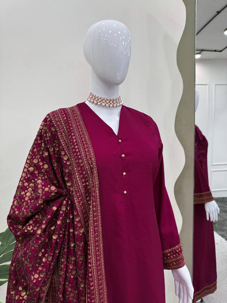 Solid Monsoon silk kurta pant with heavy thread work dupatta sets