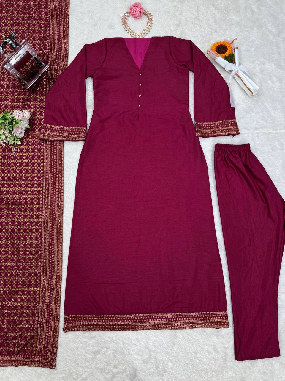 Solid Monsoon silk kurta pant with heavy thread work dupatta sets