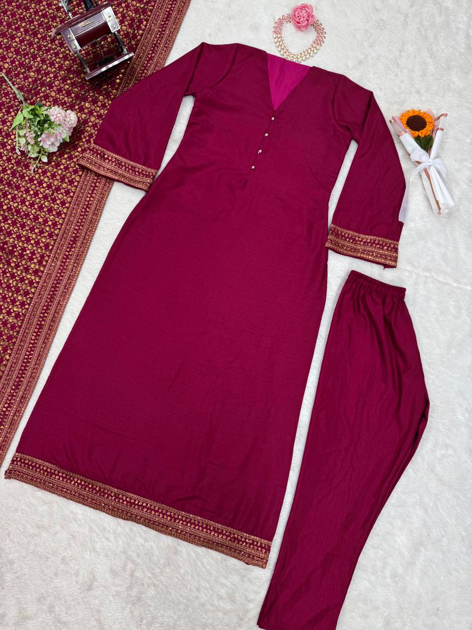 Solid Monsoon silk kurta pant with heavy thread work dupatta sets
