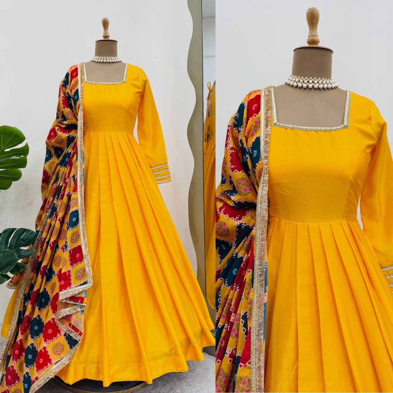 Women's designer chinnon silk gown palazzo with georgette digital print dupatta sets