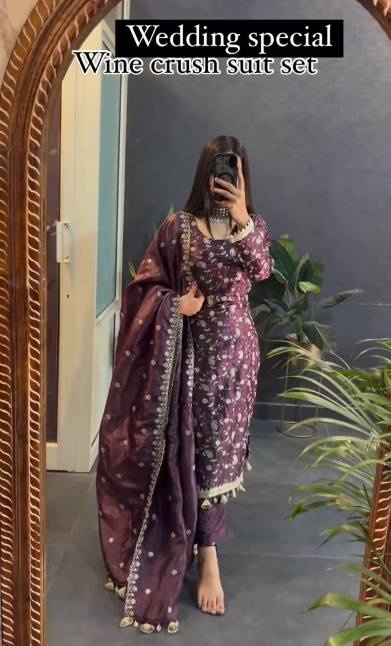 Wine silk kurta set for women,3pc suit